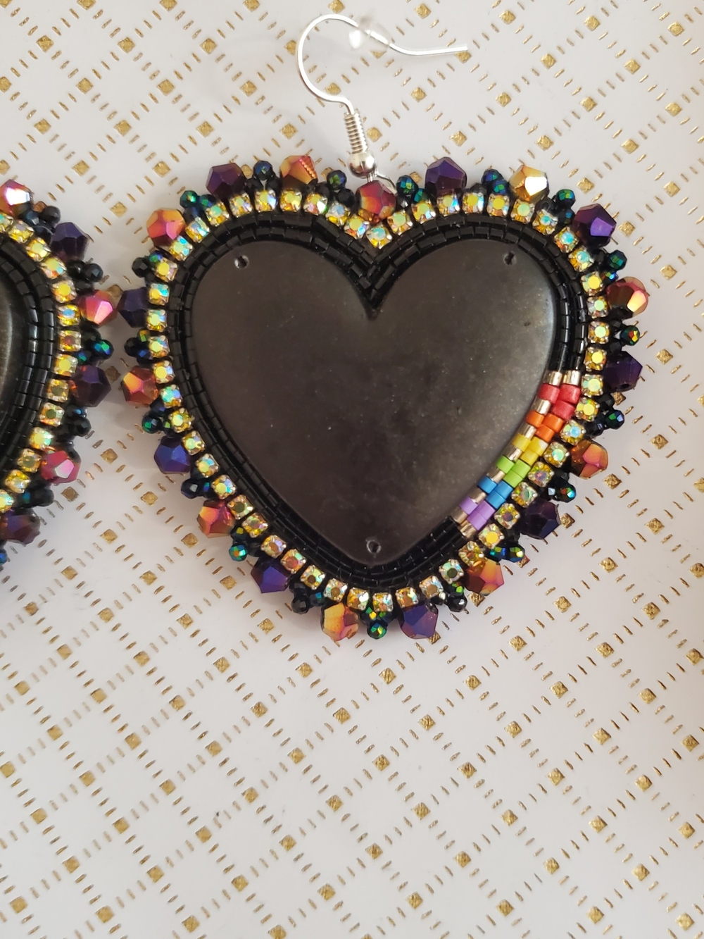 Black Heart  And Snake With A Small Rainbow Theme Beaded Dangle Earrings